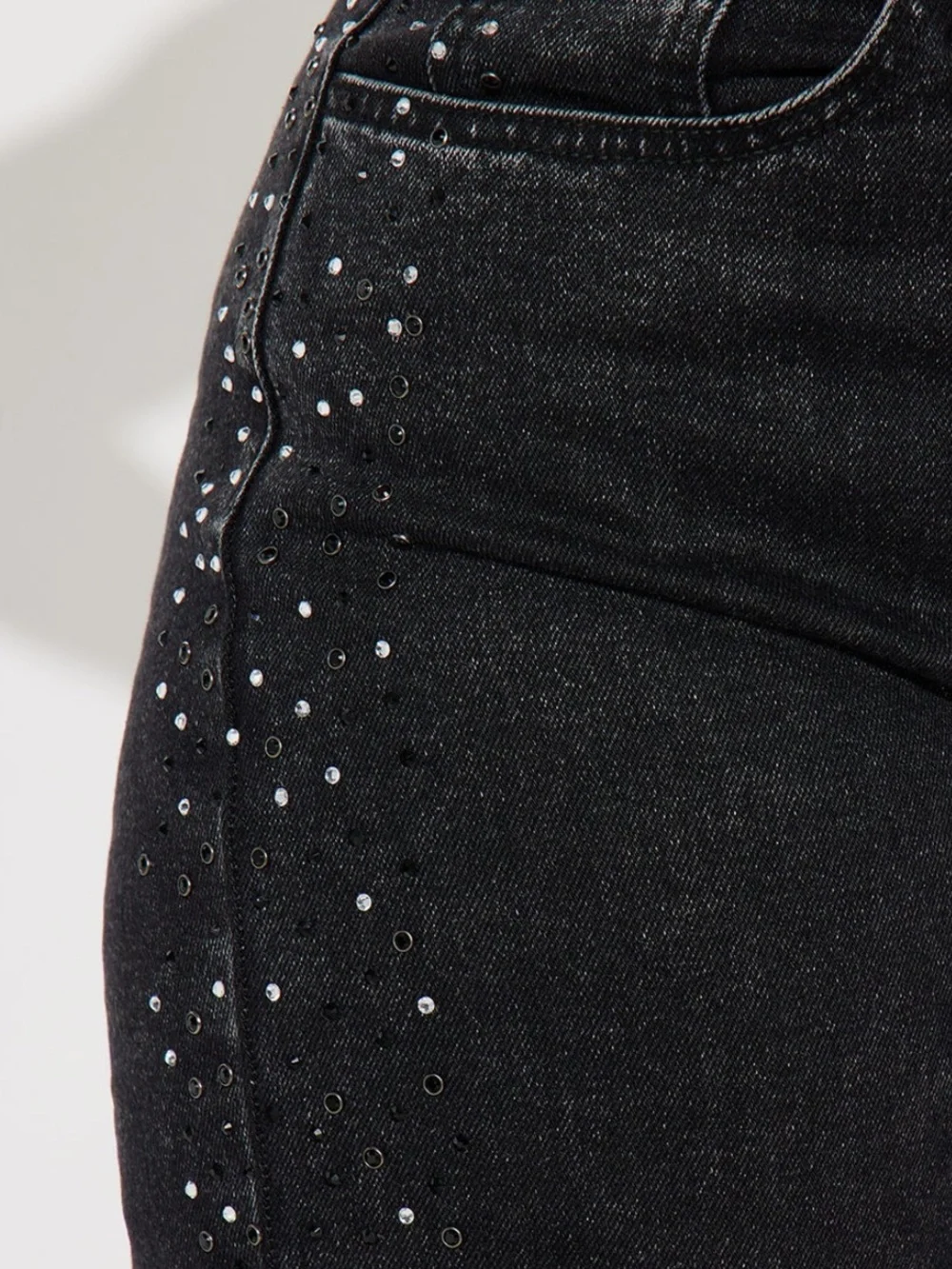 Black Wide-Leg High-Rise Jeans with Side Crystal Detail